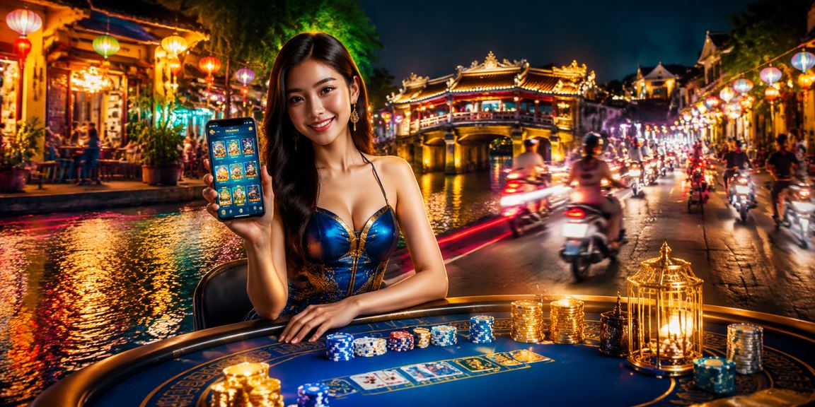 Khách du lịch tại chợ đêm Hội An dùng điện thoại xem khuyến mãi casino trực tuyến